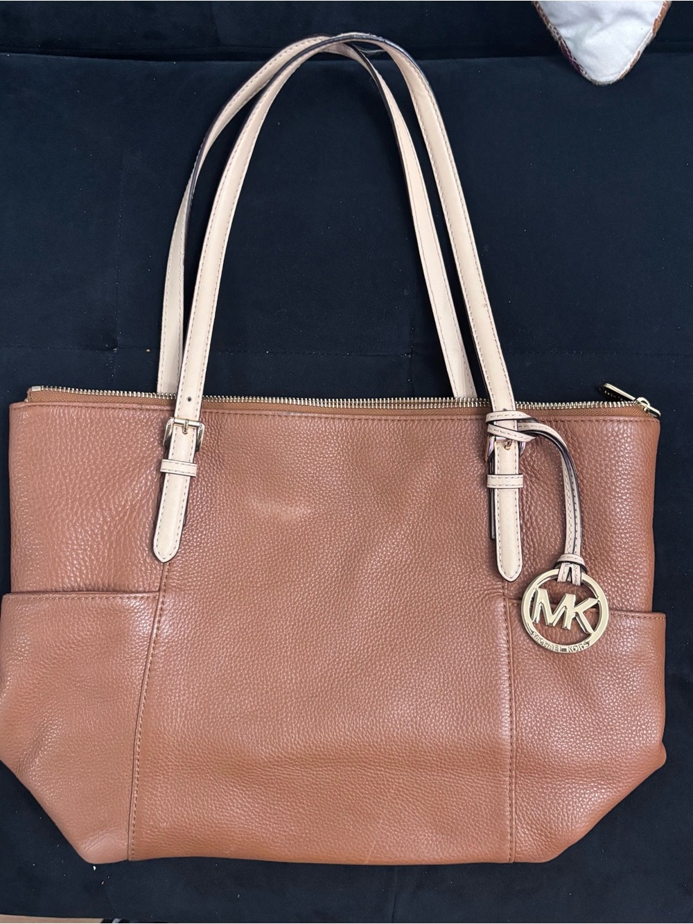 Michael Kors Tan Pebbled Leather Tote with Cream Straps